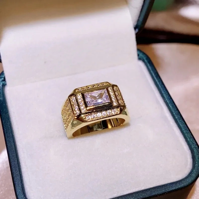 Fashion 14K Gold Plated Rings for Men Women Rectangular Diamond Crystal Zircon Finger Ring Jewelry 2025 Gift Anillos Mujer