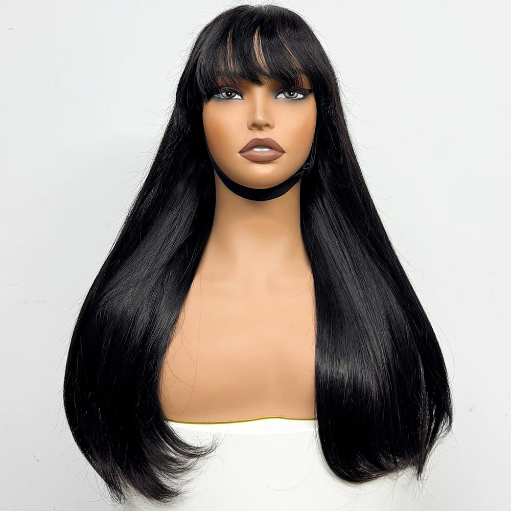 280% Density Straight Human Hair Wig With Bangs 100% Human Hair Wig 1x3 Lace Bang Straight Wig for Black Girl Women