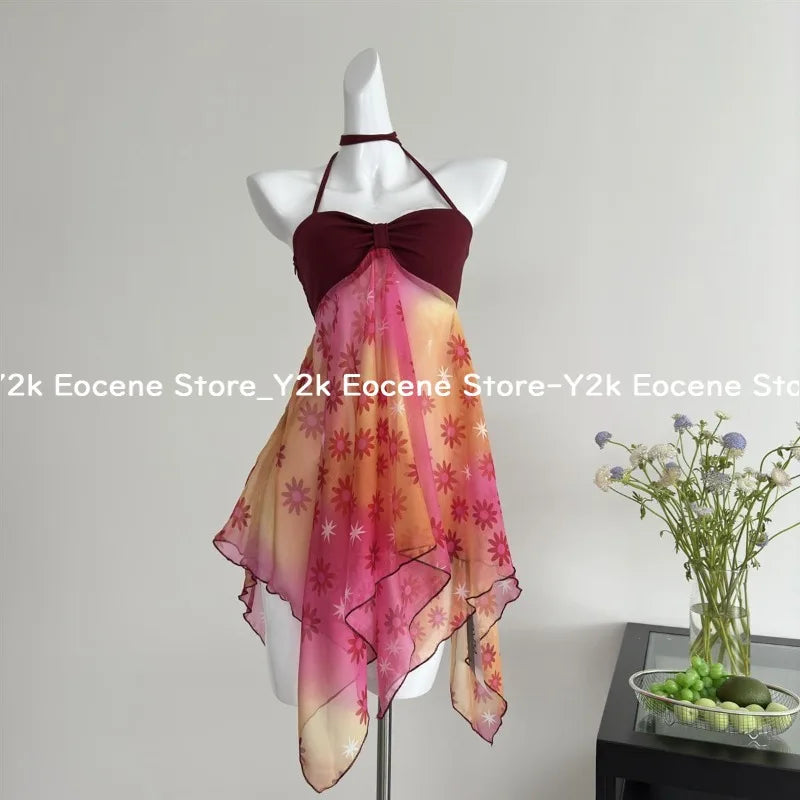 Summer Hot Girl Sexy Beach Party Top Ins Red Fashion Design Halterneck Slip Clothes Korea Elegant Floral Patchwork Bandeau Camis