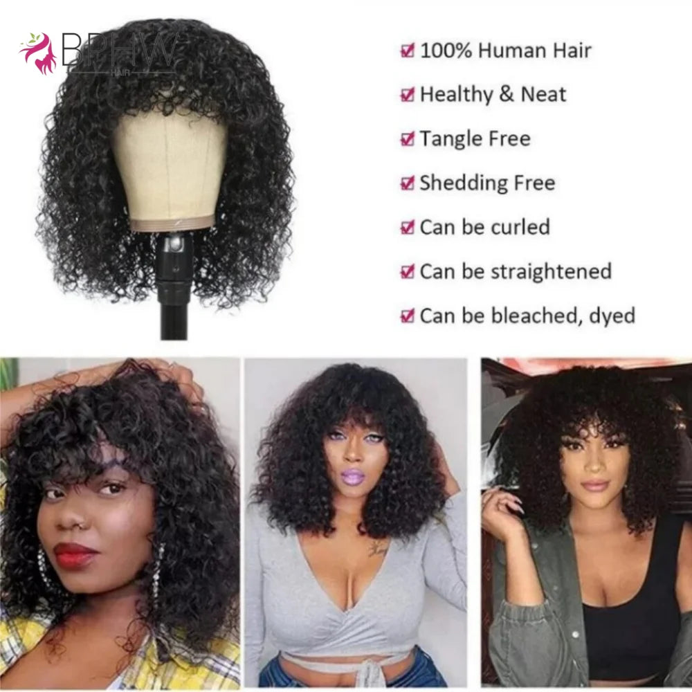 Water Wave Human Hair Wigs with Bangs Brazilian Human Hair For Women 180% Density Machine Made Deep Wave Curly Wigs Long Wigs