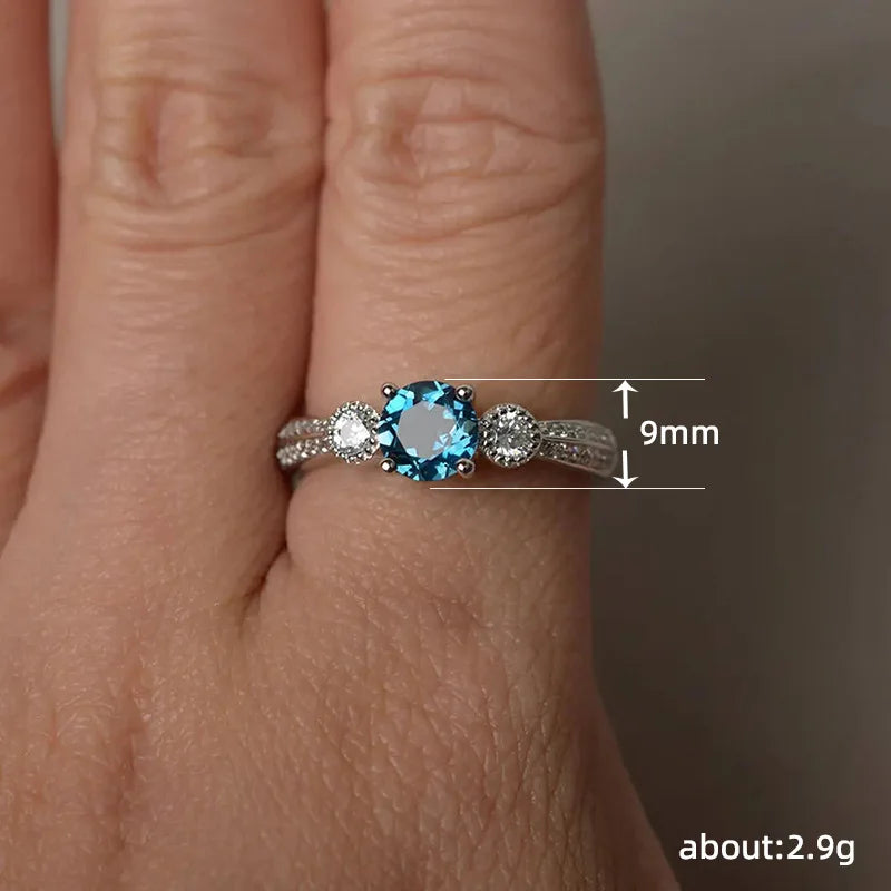 Fashion Female Ring 925 Sterling Silve Sea Blue Round Zircon Finger Rings for Women Promise Love Wedding Ring for Women Jewelry