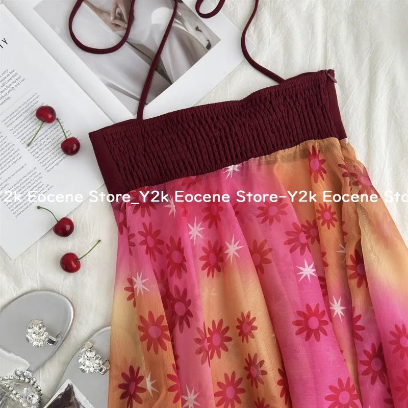Summer Hot Girl Sexy Beach Party Top Ins Red Fashion Design Halterneck Slip Clothes Korea Elegant Floral Patchwork Bandeau Camis