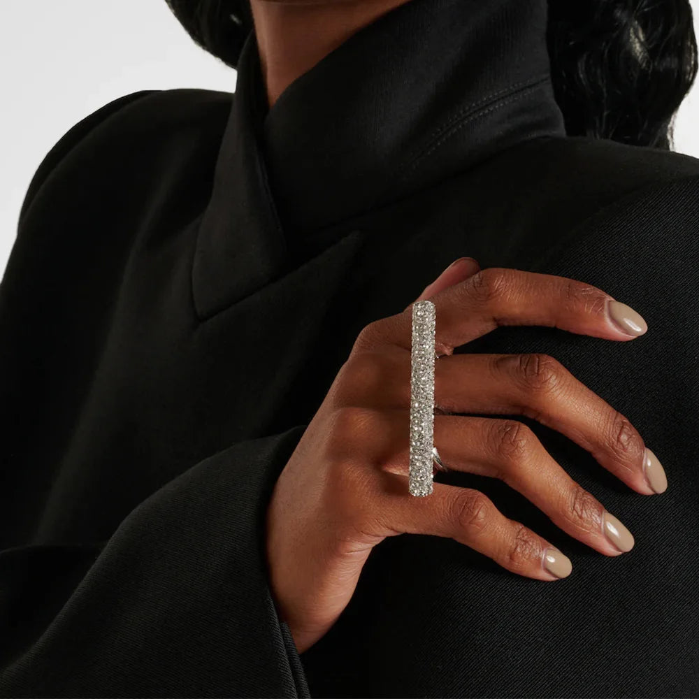 Fashion Lady Long Bar Ring Two Fingers Handmade Hand Accessories Bling Geometric Dubai Rhinestone Open Rings for Women Party