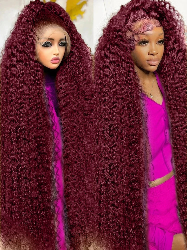 Curly Wigs 30 Inch Burgundy 13x4 Lace Frontal Human Hair Wigs High Density 99J Red Colored Deep Wave Human Hair Wigs Pre Plucked