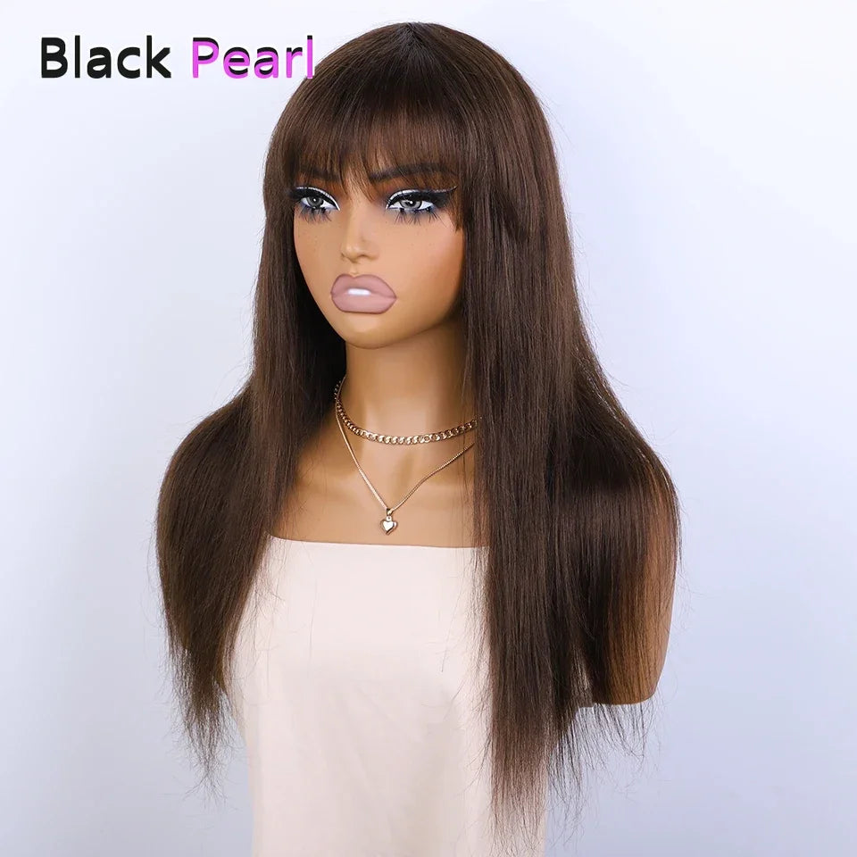 Sleek Chocolate Brown Long Straight 100% Human Hair Wig With Bangs For Women Brazilian Remy Hair Full Machine Made Daily Wigs