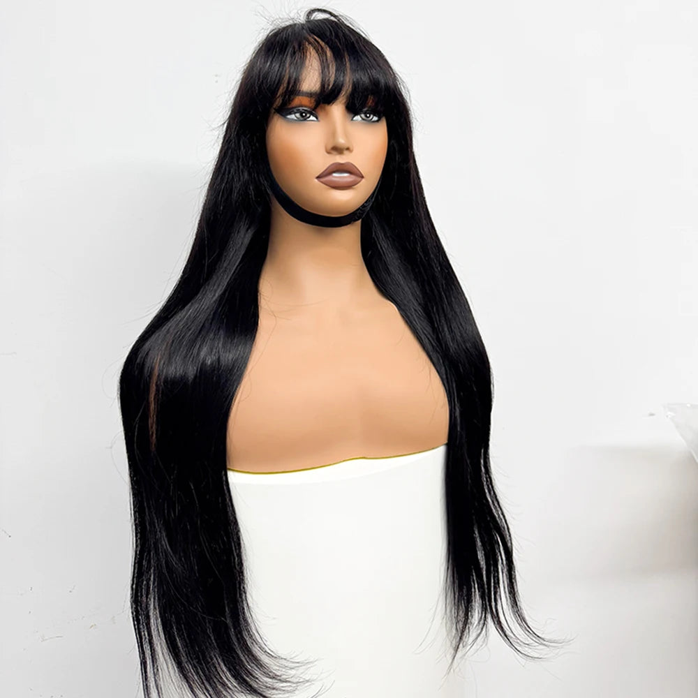 280% Density Straight Human Hair Wig With Bangs 100% Human Hair Wig 1x3 Lace Bang Straight Wig for Black Girl Women