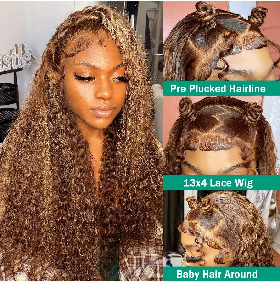 Highlight Wig Human Hair Deep Wave 13x4 Lace Frontal Wig Curly Ombre Transparent Lace Front Wig Colored Honey Blonde Lace Wig