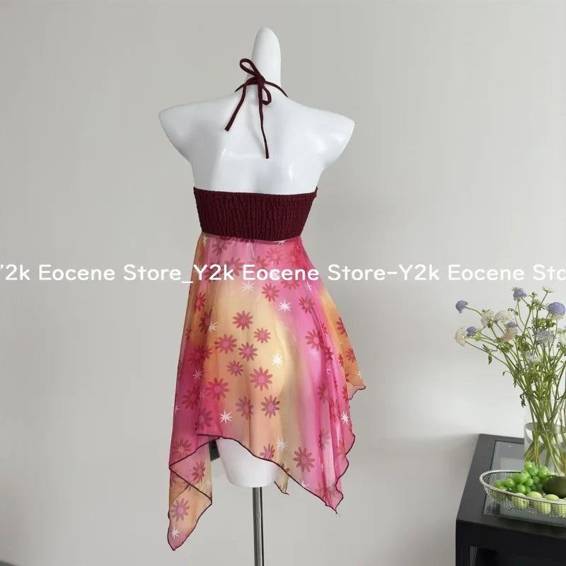 Summer Hot Girl Sexy Beach Party Top Ins Red Fashion Design Halterneck Slip Clothes Korea Elegant Floral Patchwork Bandeau Camis