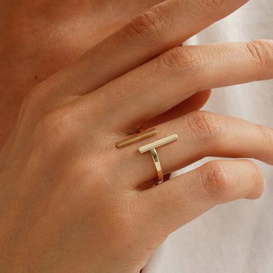 Fashion Charm T Ring For Women ,Irregular Design Openable Stainless Steel Double Bar Rings Asymmetrical Statement Jewelry