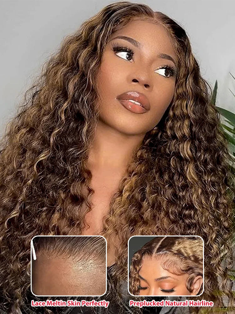 High Density 30 Inch Deep Wave 13x4 HD Lace Front Human Hair Wig Water Wave Curly Transpare Ombre Brown Wig Human Hair For Women