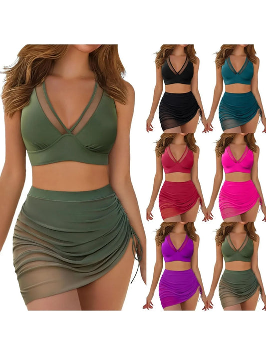 High Waisted Swimsuits Womens 2 Piece Shorts Women Swim Skirt High Waisted Bikini Sets Mesh Sarong Wraps Bathing Suits