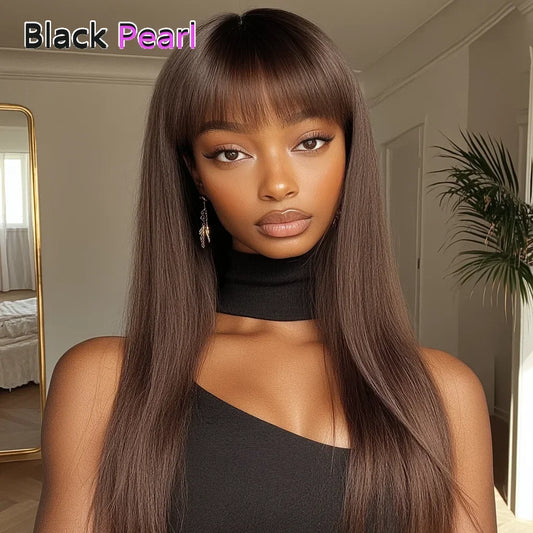 Sleek Chocolate Brown Long Straight 100% Human Hair Wig With Bangs For Women Brazilian Remy Hair Full Machine Made Daily Wigs