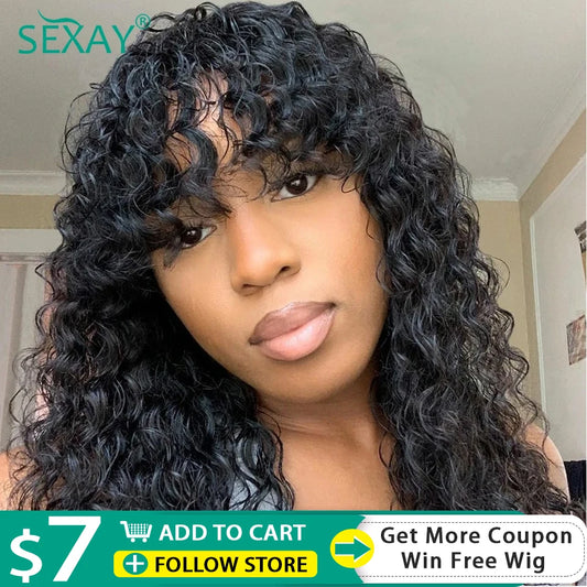 PU Fake Scalp Human Hair Wigs With Bangs 16-32 Inch Brazilian Deep Wave Curly Bangs Human Hair Fringe Wig 180 Density For Women