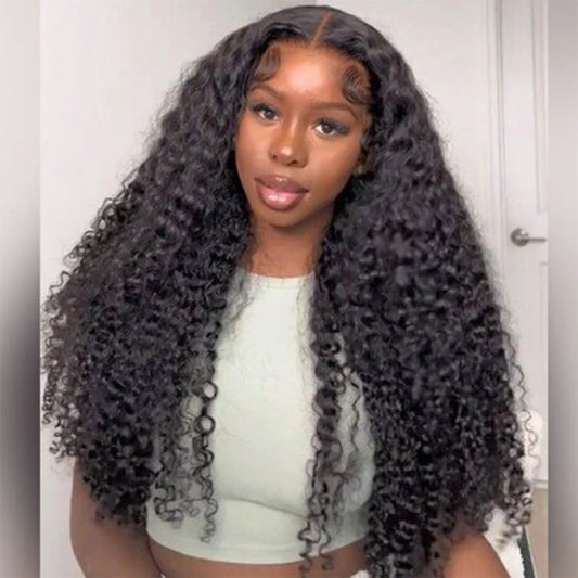 Long Kinky Curly Human Hair Wig For Women Raw Indian Hair 13X4 Transparent Lace Frontal Wig Pre-plucked 30 Inch Natural Color