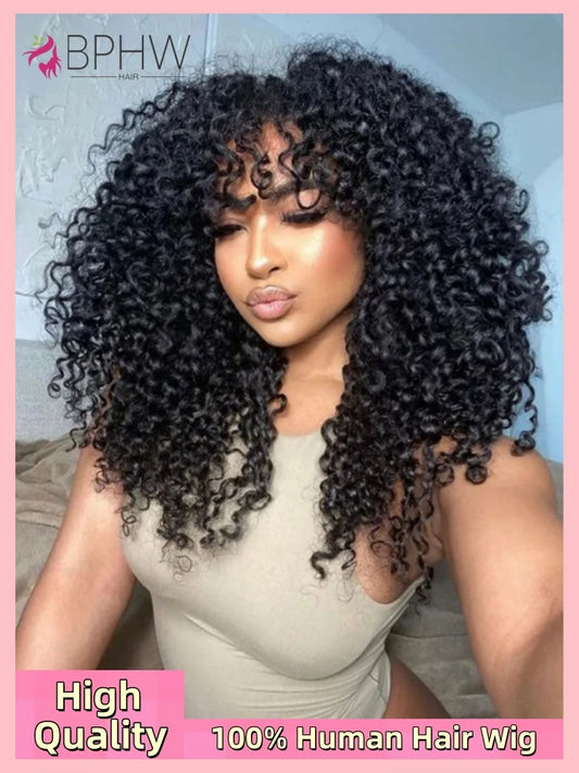 Water Wave Human Hair Wigs with Bangs Brazilian Human Hair For Women 180% Density Machine Made Deep Wave Curly Wigs Long Wigs