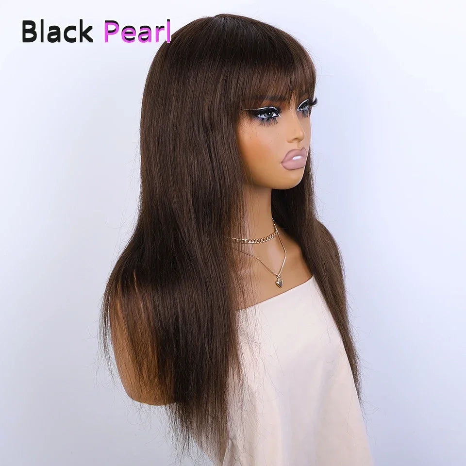 Sleek Chocolate Brown Long Straight 100% Human Hair Wig With Bangs For Women Brazilian Remy Hair Full Machine Made Daily Wigs
