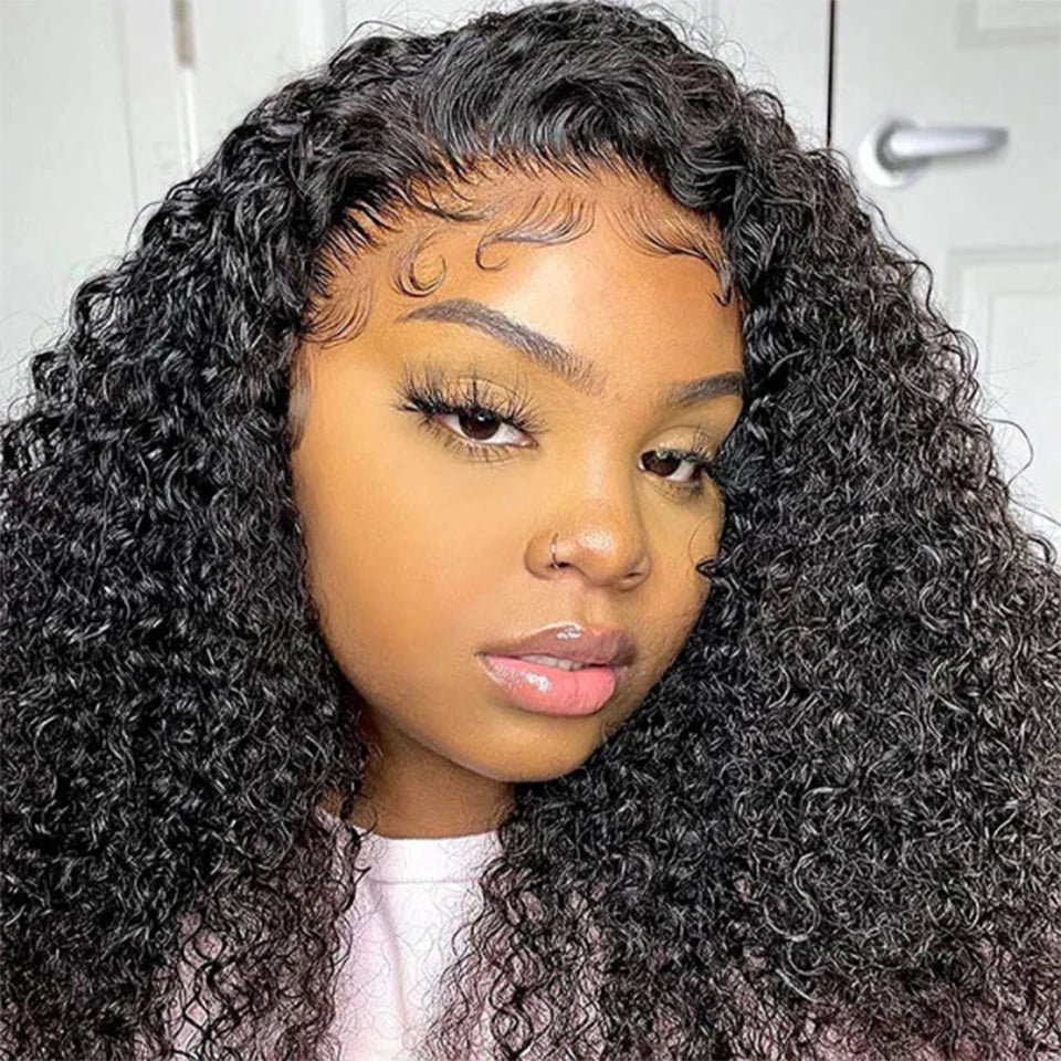 Long Kinky Curly Human Hair Wig For Women Raw Indian Hair 13X4 Transparent Lace Frontal Wig Pre-plucked 30 Inch Natural Color
