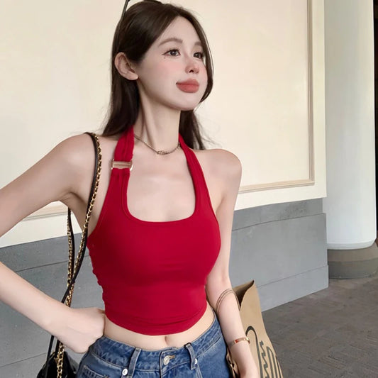 Summer Hotsweet Halter Tank Top Women Solid Color Sleeveless Slim Camisole With Bra Pad