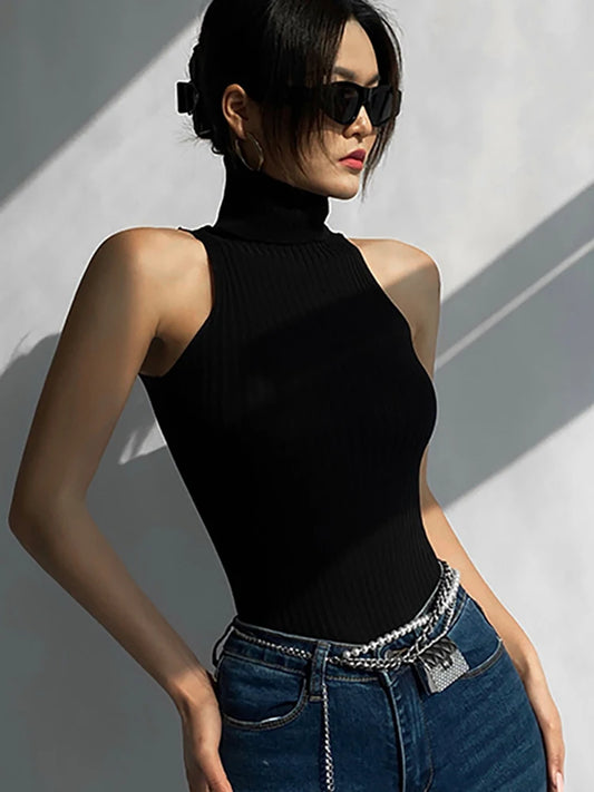 HELIAR Women Off Shoulder Tops Turtleneck Tank Tops Knitted Hot Tops Women 2024 Summer Skinny Round Neck Solid Cute Cropped