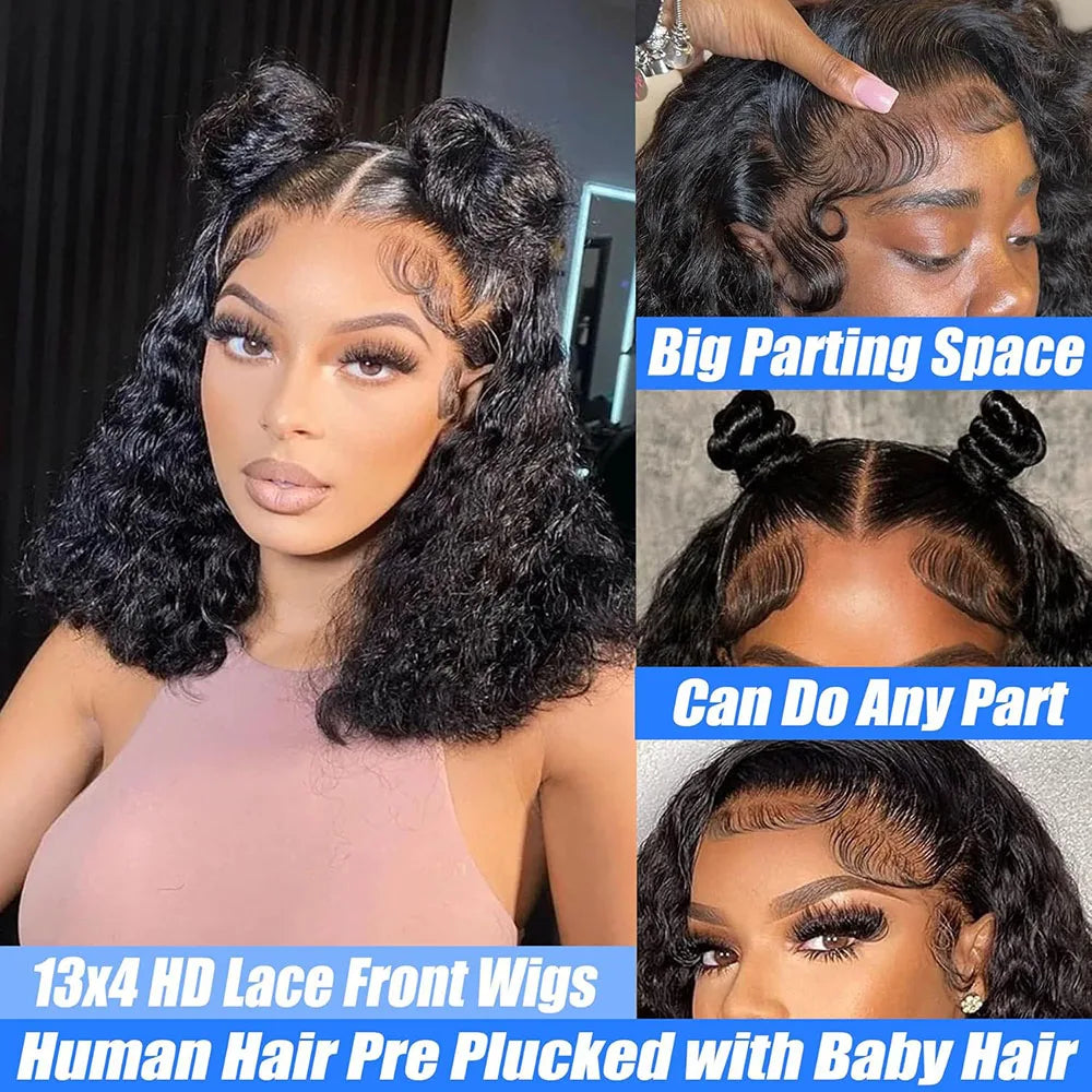 100% Human Hair Wig Deep Wave Bob Human Hair Lace Frontal Wig Deep Curly Wigs 13x4 Transparent Lace Front Wigs 4x4 Short Wigs