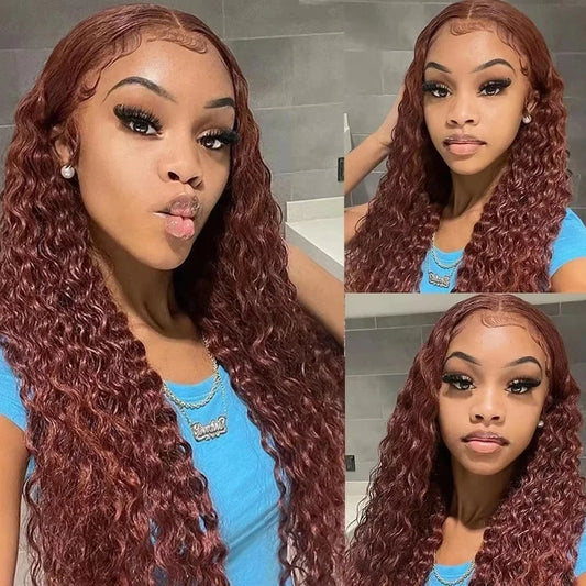 36 Inches  Curly Wigs 13×6  Lace Front Human Hair Wig Reddish Brown  Glueless Wigs Human Hair Water Wave Human Hair Wigs