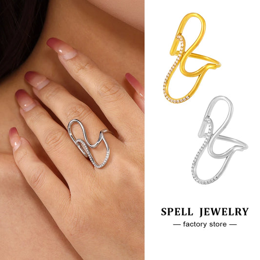 Fashion Women's Ring In Stainless Steel With Shiny Zircon 18k Gold Plated Adjustable Minimalist Aesthetic Rings For Women