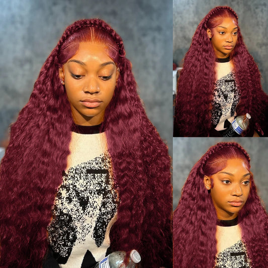 Curly Wigs 30 Inch Burgundy 13x4 Lace Frontal Human Hair Wigs High Density 99J Red Colored Deep Wave Human Hair Wigs Pre Plucked