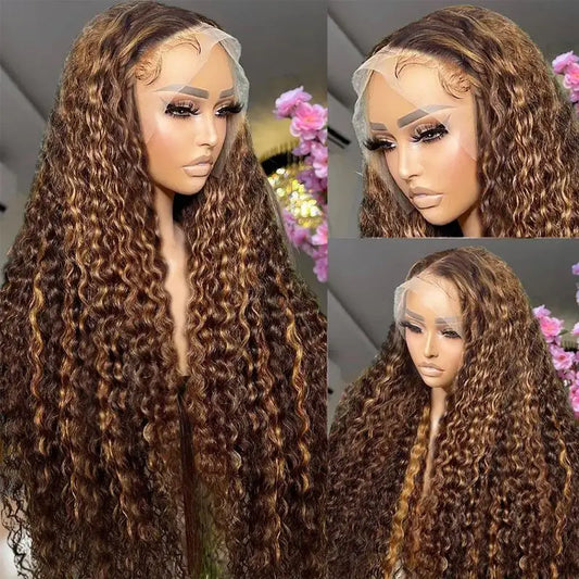 High Density 30 Inch Deep Wave 13x4 HD Lace Front Human Hair Wig Water Wave Curly Transpare Ombre Brown Wig Human Hair For Women