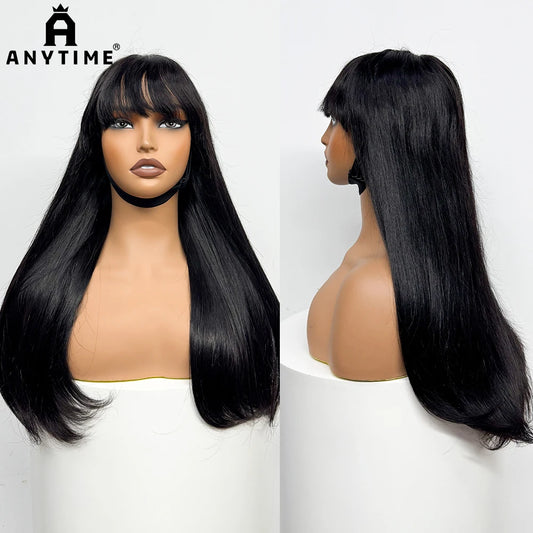 280% Density Straight Human Hair Wig With Bangs 100% Human Hair Wig 1x3 Lace Bang Straight Wig for Black Girl Women