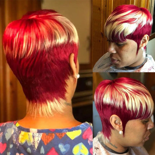 Human Hair Wig Pixie Cut Wig Highlight Short Wig With Bangs Human Hair machine made Wig For Women