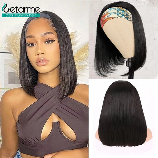Straight Human Hair Wigs - Getarme Headband Wigs Human Hair Bob Wig Full Machine Made Curly Hair Bang Wig 8-16 Inches Remy Hair