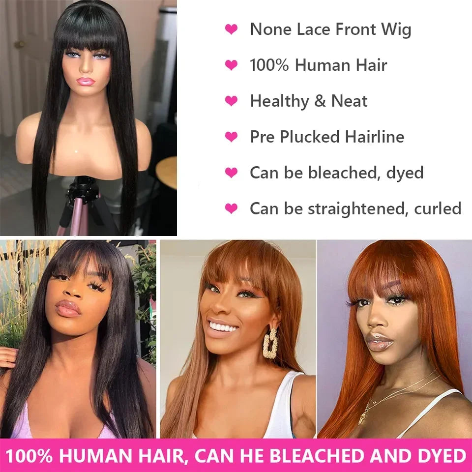 Straight Human Hair Wigs Full Machine Made 100% Human Hair Wigs With Bangs For Women Brazilian Cheap Wig On Sale Clearance BPHW