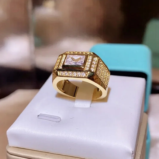 Fashion 14K Gold Plated Rings for Men Women Rectangular Diamond Crystal Zircon Finger Ring Jewelry 2025 Gift Anillos Mujer