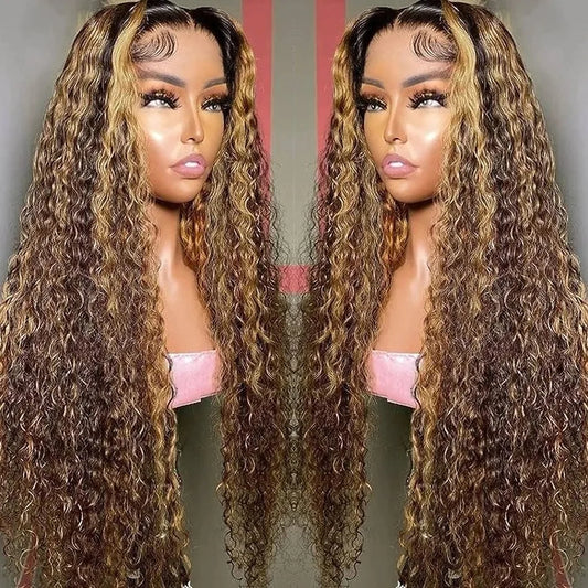 Highlight Wig Human Hair Deep Wave 13x4 Lace Frontal Wig Curly Ombre Transparent Lace Front Wig Colored Honey Blonde Lace Wig