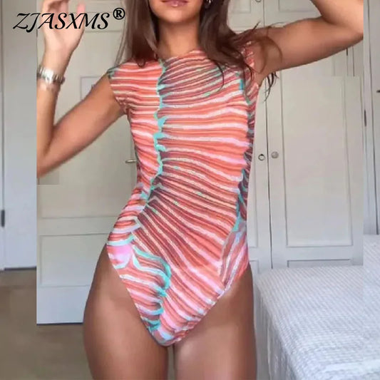 Women's Swimsuit Sexy See Through 2 Piece Set Salmon Print Slim Bikini Suit Summer Sleeveless Bodysuits A Line Long Skirt Outfit