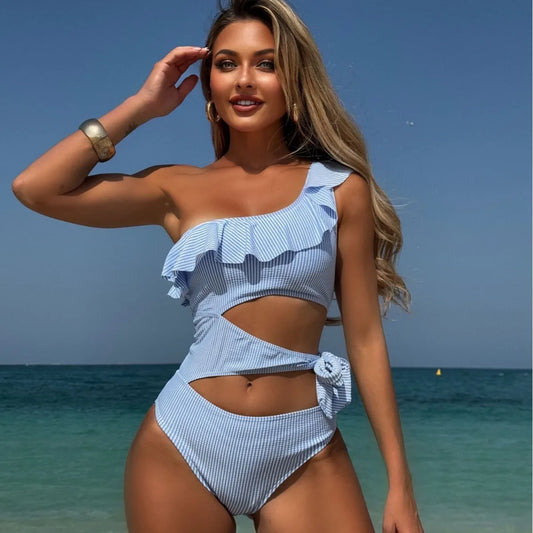 New One-piece Swimsuit with Ruffled Edges, Hollowed Out Lace Up Swimsuit for Women, High-end Feeling, Soaking in Hot Springs,