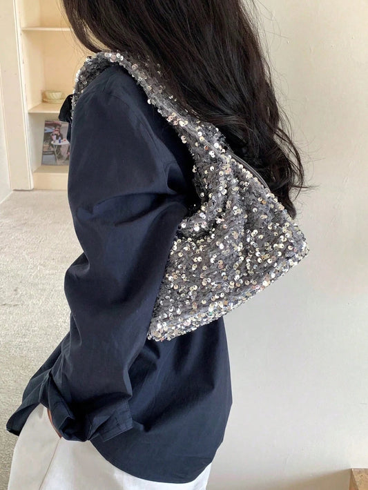 Fashionable blingbling handbag 2024 new fashion handbag black sequined handbag for women silver sequined shoulder armpit bag