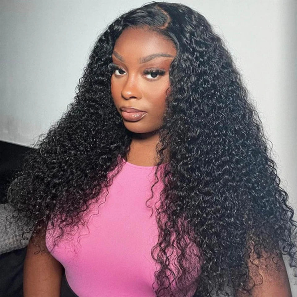 Long Kinky Curly Human Hair Wig For Women Raw Indian Hair 13X4 Transparent Lace Frontal Wig Pre-plucked 30 Inch Natural Color