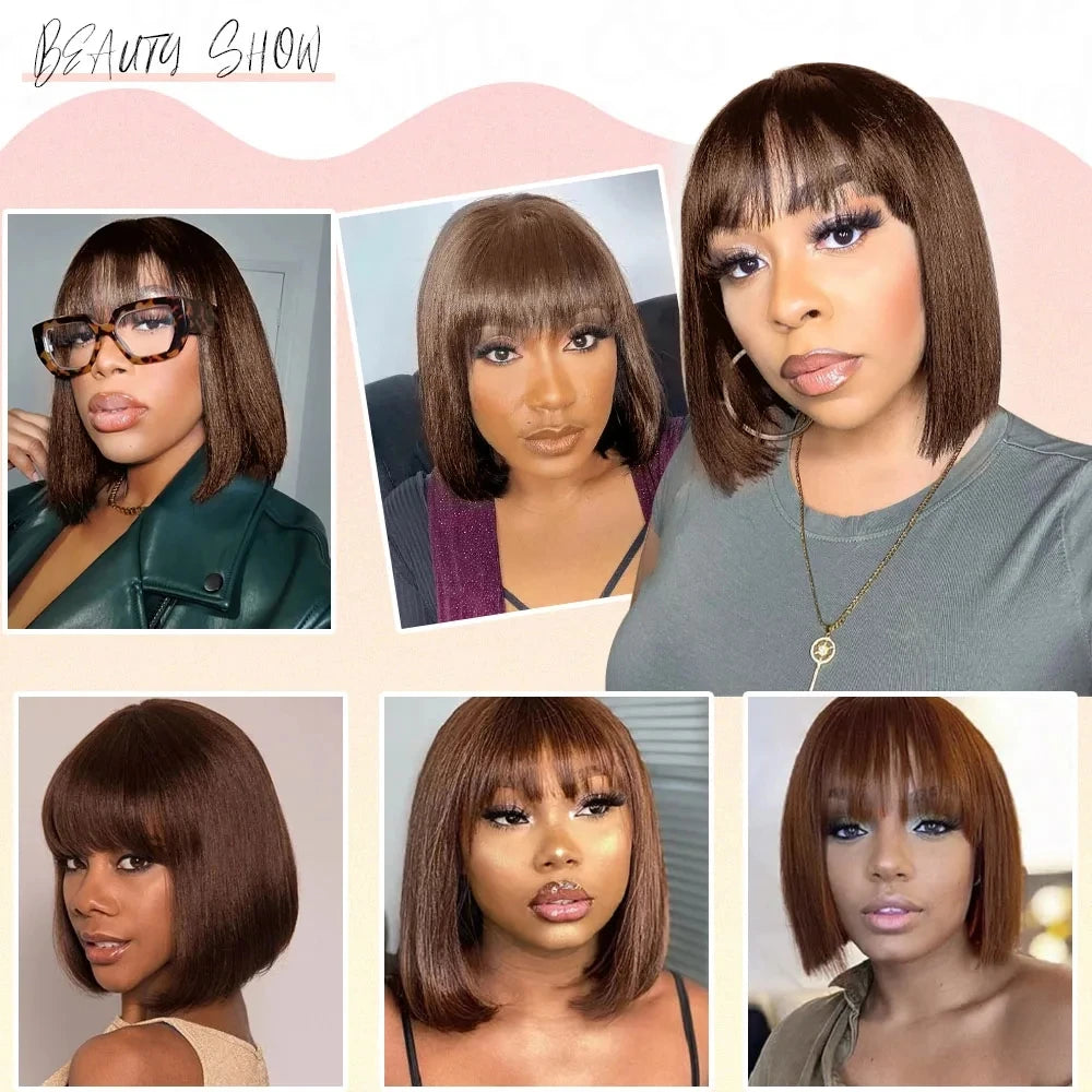 100% Human Hair Wig With Bangs Brazilian Straight Bangs Bob Wigs Full Machine Made Wig For Women Short Bob Wigs