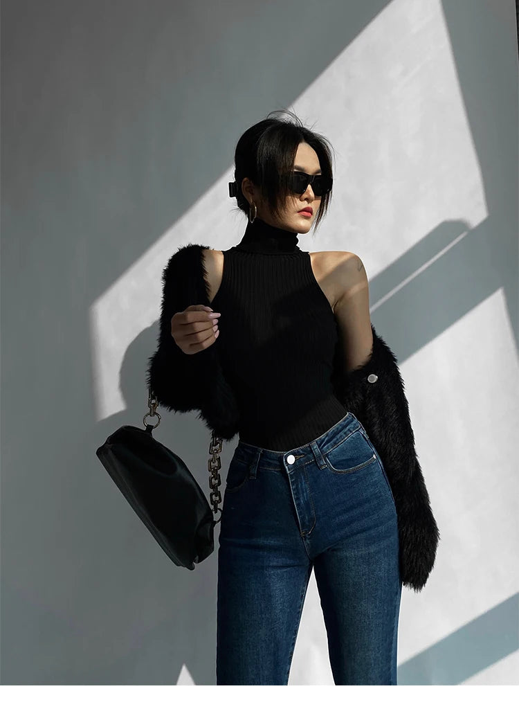 HELIAR Women Off Shoulder Tops Turtleneck Tank Tops Knitted Hot Tops Women 2024 Summer Skinny Round Neck Solid Cute Cropped