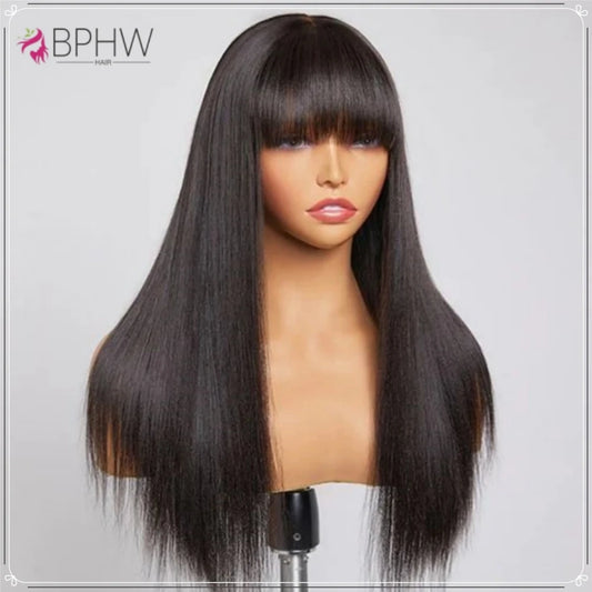 Straight Human Hair Wigs Full Machine Made 100% Human Hair Wigs With Bangs For Women Brazilian Cheap Wig On Sale Clearance BPHW