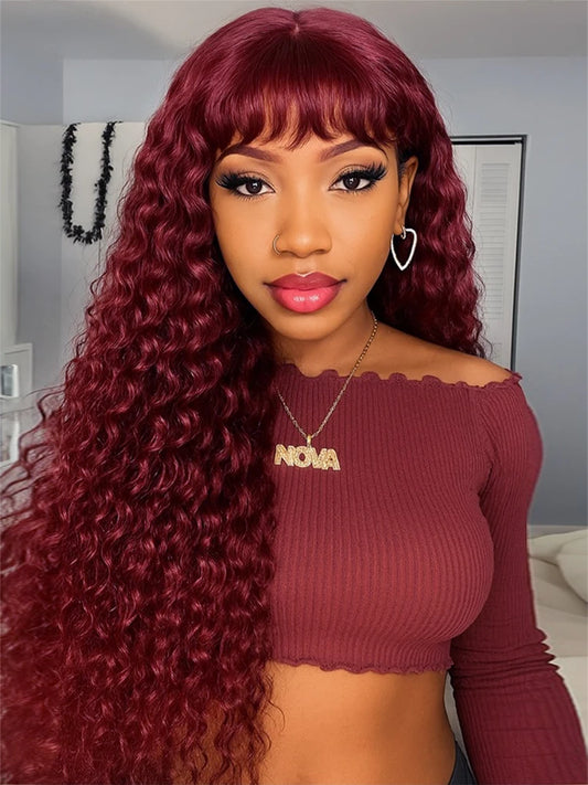 99J Burgundy Curly Wig with Bangs Human Hair Deep Wave Wear and Go Glueless Color Wigs Brazilian Full Machine Made Wig for Women