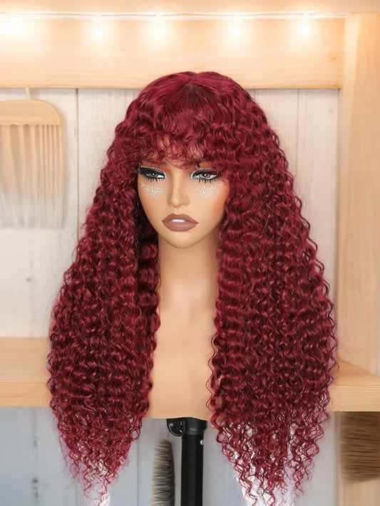 99J Burgundy 30 Inch Deep Curly Red Human Hair Wig With Bangs Water Wave Wear And Go Glueless Color Wigs Full Machine Made