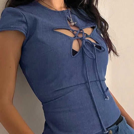 Summer American Hot Trend ins Stars Hollow Lace-Up Top Fashion Tailored Cut Girls Women's T-Shirt